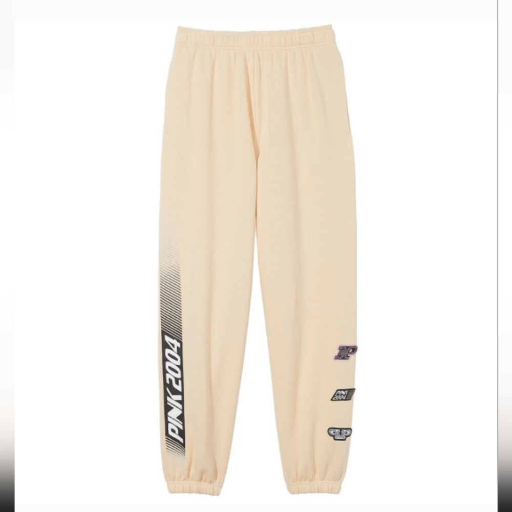 PINK VS Ivy Fleece Relaxed Sweatpants Beige Racing 2024 NWT - Picture 2 of 6